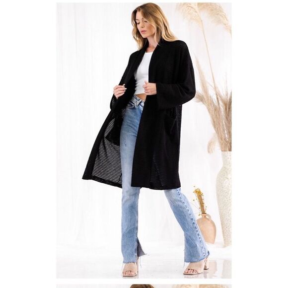 CY Fashion Long Black Open Semi Sheer waffle Knit Cardigan Size Small-NWT - Picture 16 of 16